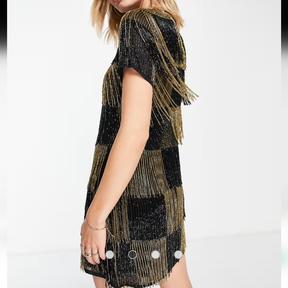 ASOS DESIGN embellished paneled shift dress beaded fringe in black & gold 4 - Picture 4 of 9